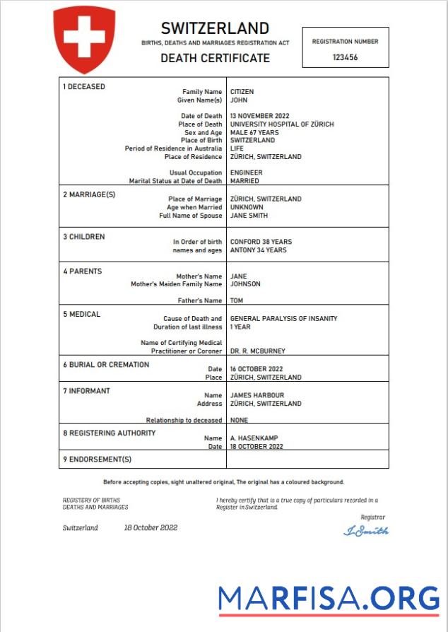 Realistic Switzerland vital record death certificate Word and PDF template